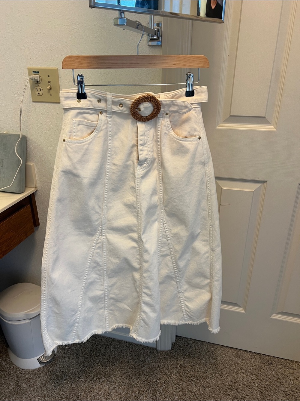 ba&sh Cream Denim 3/4 Length Skirt with Woven Buckle Belt